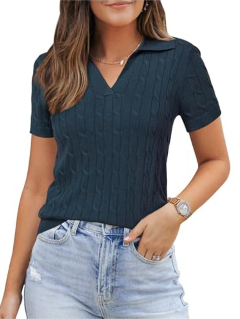 Womens Wool Blend V-Neck Short Sleeve Polo Pullover Sweater Business Casual